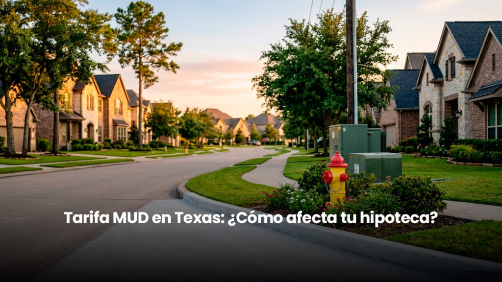 Suburbio residencial en Houston Texas mostrando casas modernas e infraestructura de servicios públicos de un distrito MUD.