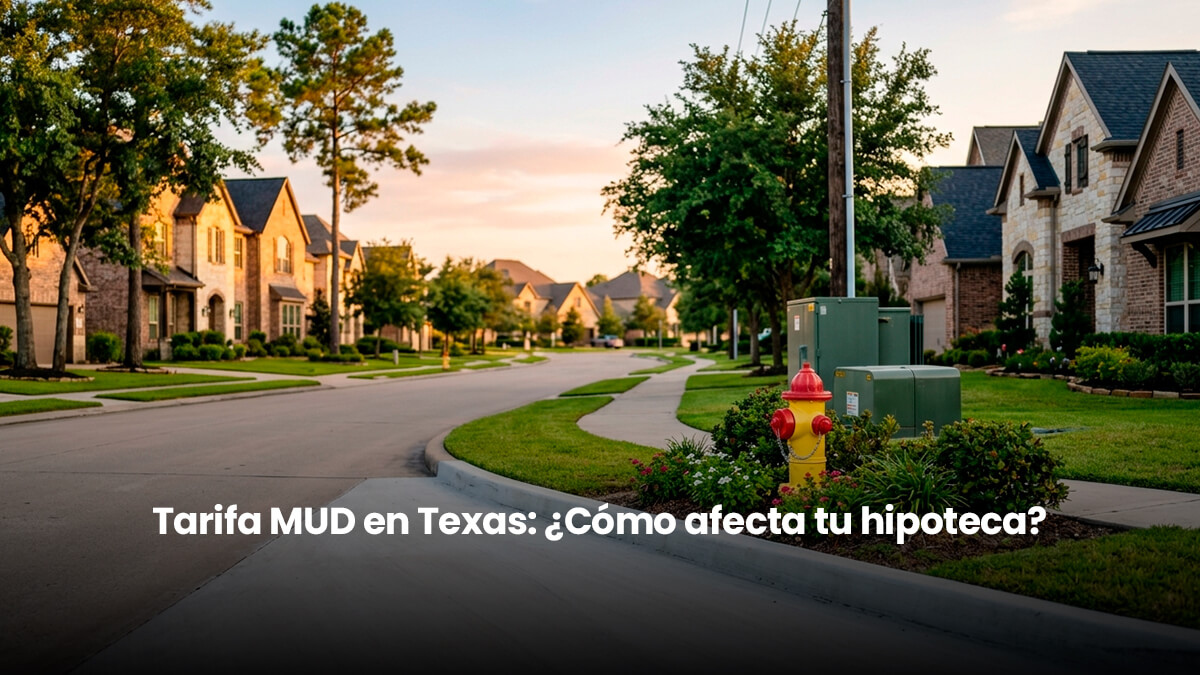 Suburbio residencial en Houston Texas mostrando casas modernas e infraestructura de servicios públicos de un distrito MUD.