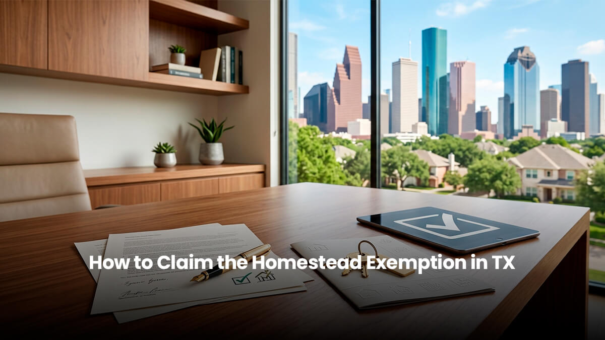 A well-organized desk in a luxury office, featuring real estate documents with a checked box, a gold pen, keys, and a tablet, all overlooking the Houston skyline.