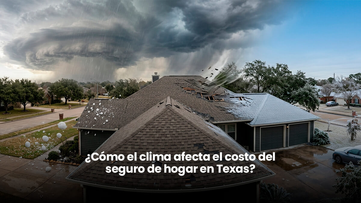 Vista aérea de una casa en Houston sufriendo daños simultáneos por fenómenos climáticos extremos de Texas: granizo, vientos huracanados desgarrando el techo y escarcha/hielo, ilustrando los riesgos cubiertos por seguros de propiedad.