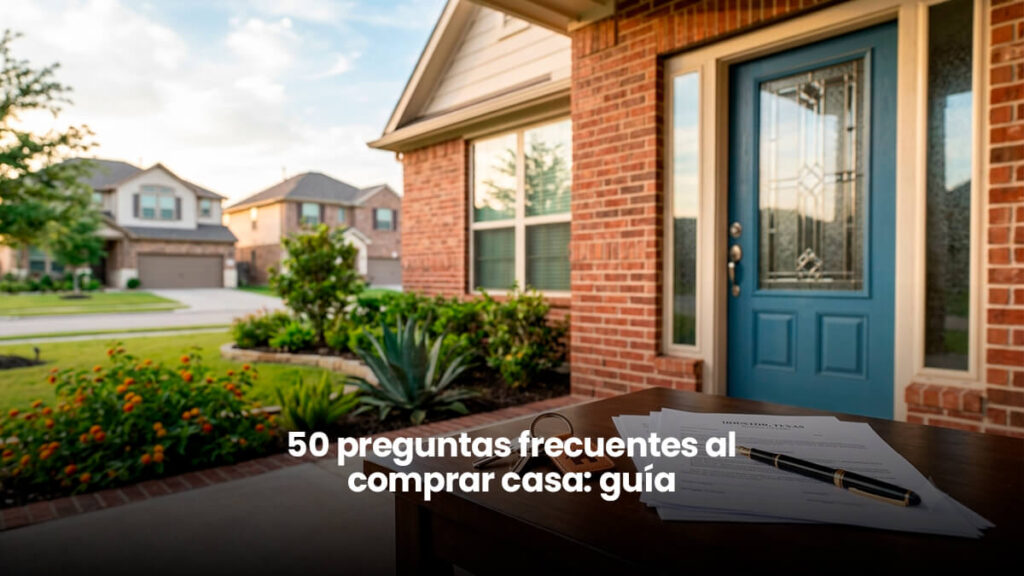Llaves de casa y contrato de compraventa sobre mesa de madera frente a vivienda residencial en Houston Texas, representando la guía de compra de vivienda de Aida Villalobos Realtor.