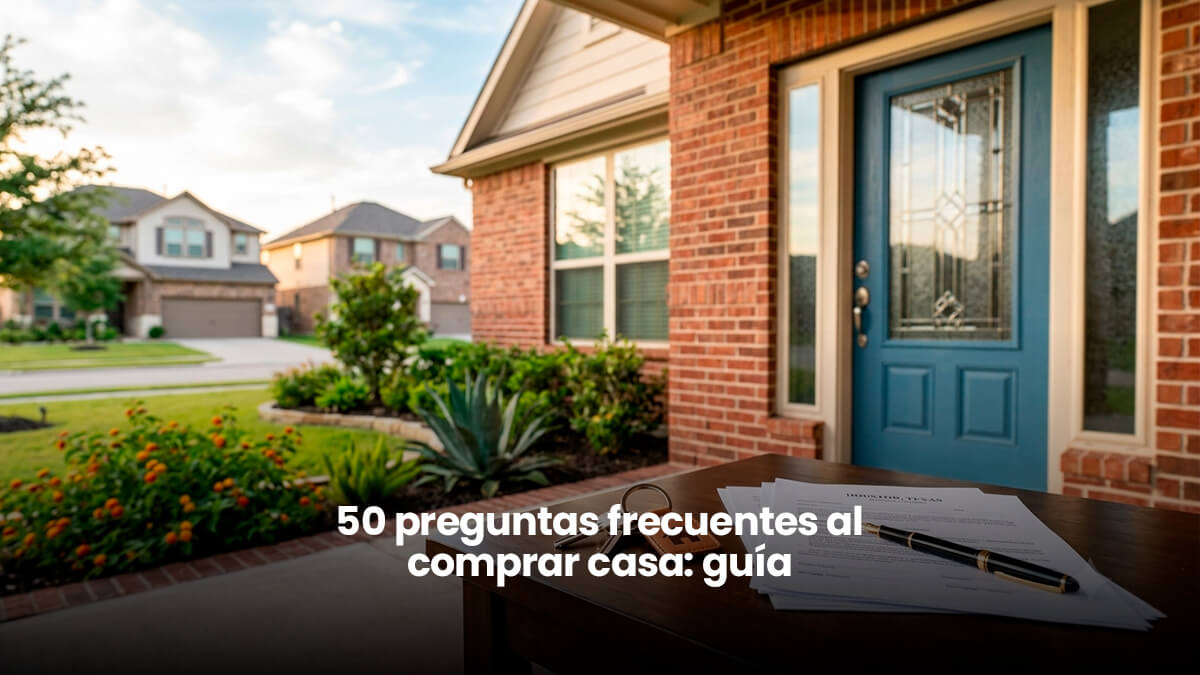 Llaves de casa y contrato de compraventa sobre mesa de madera frente a vivienda residencial en Houston Texas, representando la guía de compra de vivienda de Aida Villalobos Realtor.