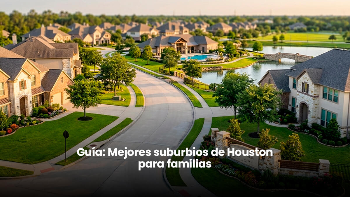 Vista aérea de un suburbio residencial familiar en el Gran Houston Texas con casas de lujo, áreas verdes, lagos artificiales y calles arboladas.