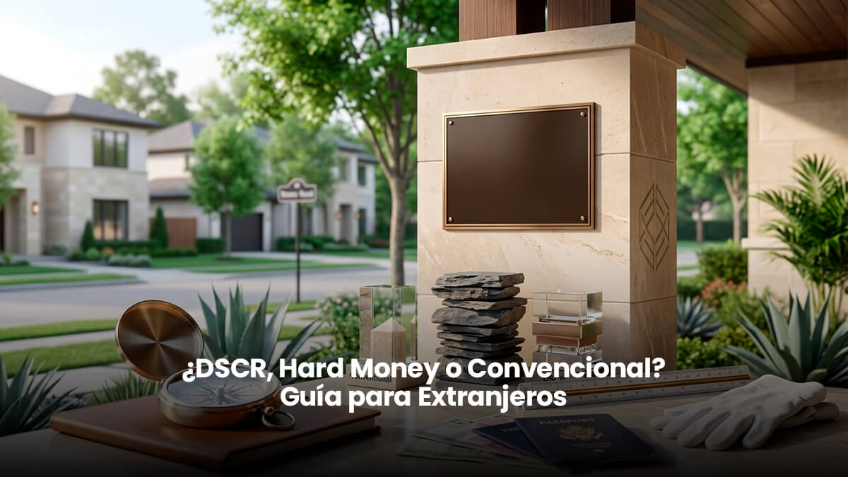 Un escritorio de mármol en el porche de una casa moderna de lujo en Houston, con una brújula de latón, pasaportes internacionales y opciones de financiamiento para extranjeros como préstamos DSCR, Hard Money y Convencionales en bloques de piedra.