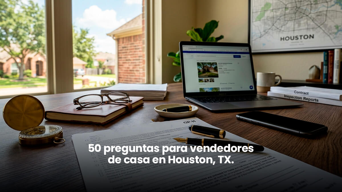 Escritorio de madera en una oficina en casa en Houston con un formulario oficial de divulgación del vendedor de la TREC (Texas Real Estate Commission), pluma fuente y gafas. Al fondo, se aprecia un mapa de la ciudad de Houston, Texas, y una ventana con vista a un vecindario residencial arbolado.