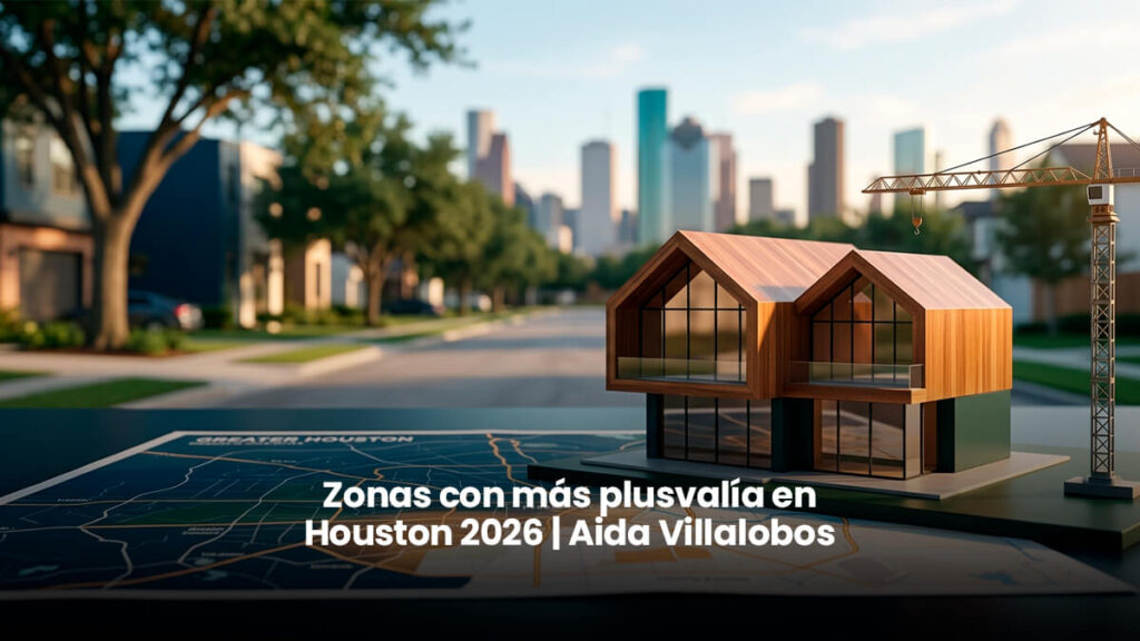 Modelo de casa moderna sobre mapa de Greater Houston con grúa de construcción y skyline al fondo, ilustrando el crecimiento inmobiliario y zonas con más plusvalía en Houston 2026 analizadas por Aida Villalobos.