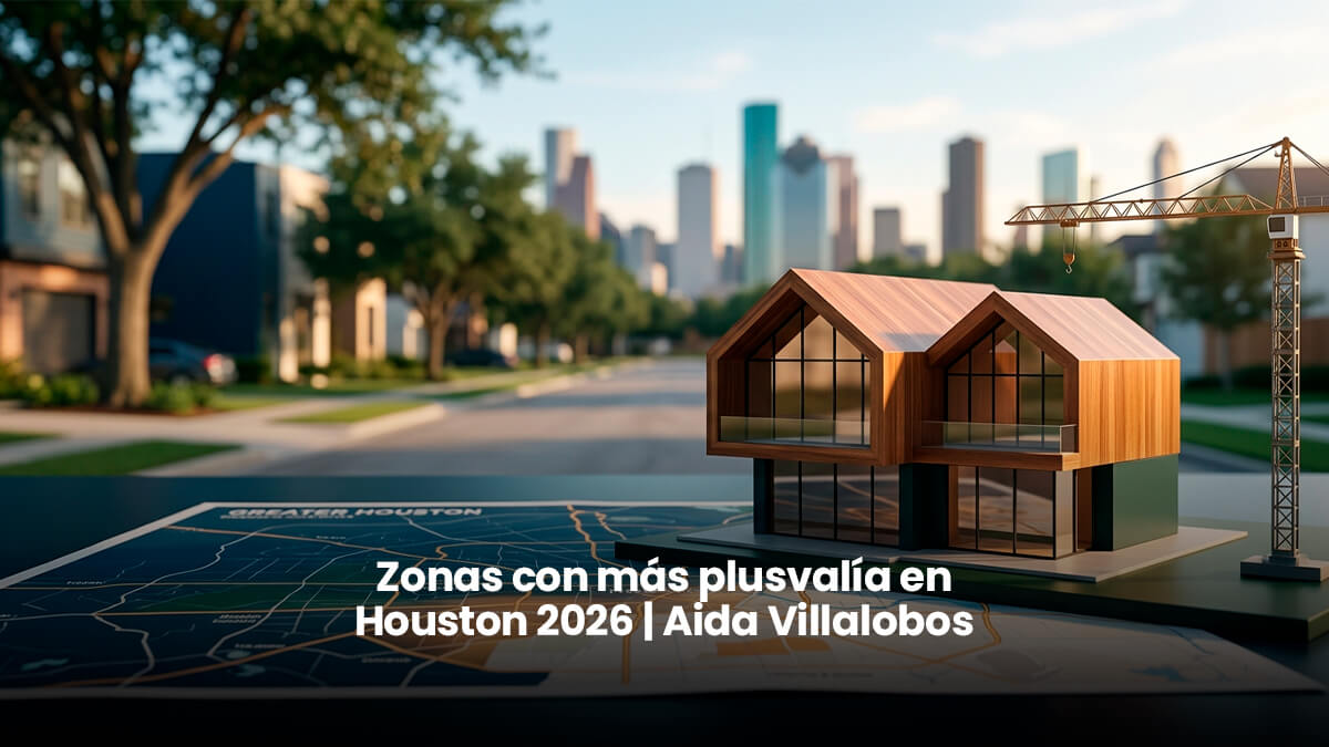 Modelo de casa moderna sobre mapa de Greater Houston con grúa de construcción y skyline al fondo, ilustrando el crecimiento inmobiliario y zonas con más plusvalía en Houston 2026 analizadas por Aida Villalobos.
