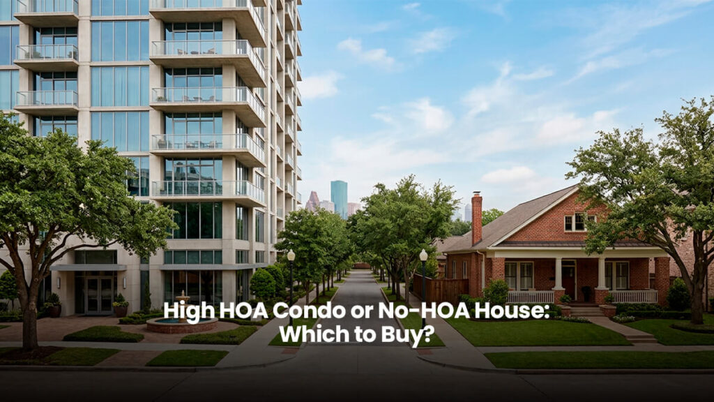 Modern high-rise luxury condo building alongside a historic single-family brick house in Houston Texas
