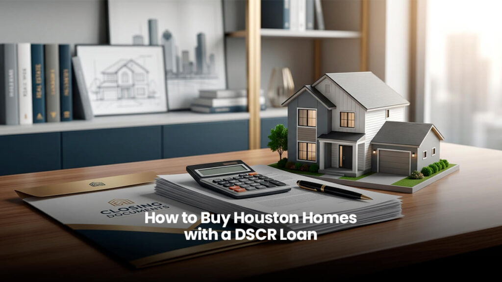 Professional real estate investor office desk featuring financial calculator, mortgage contract documents, and a miniature house model for Houston DSCR loan analysis.