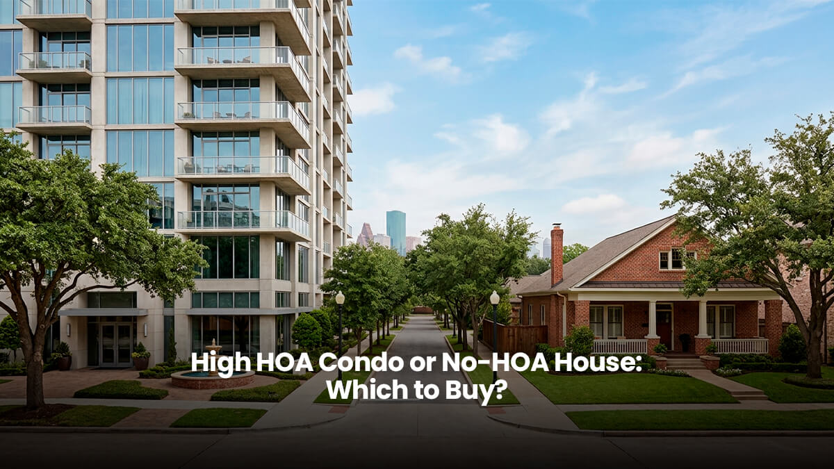 Modern high-rise luxury condo building alongside a historic single-family brick house in Houston Texas