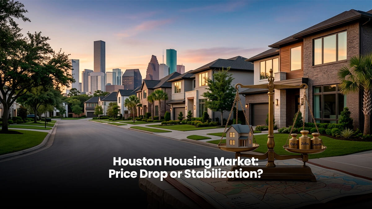 A balanced brass scale with a model house and weights labeled 'Data, Jobs, Growth' sitting on a map of Greater Houston. The background shows a modern Houston suburban street with the city skyline on the horizon at sunset.