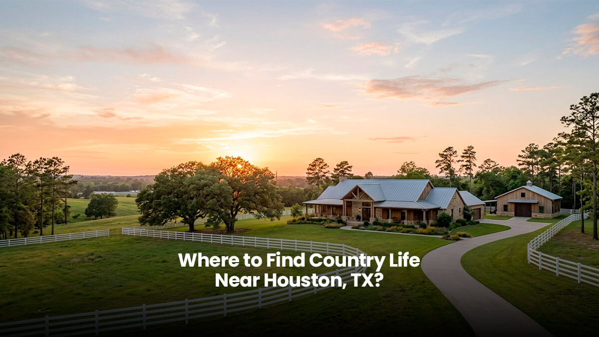 Country home on acreage near Houston with rolling pastures and sunset view, representing Texas rural real estate near the city.