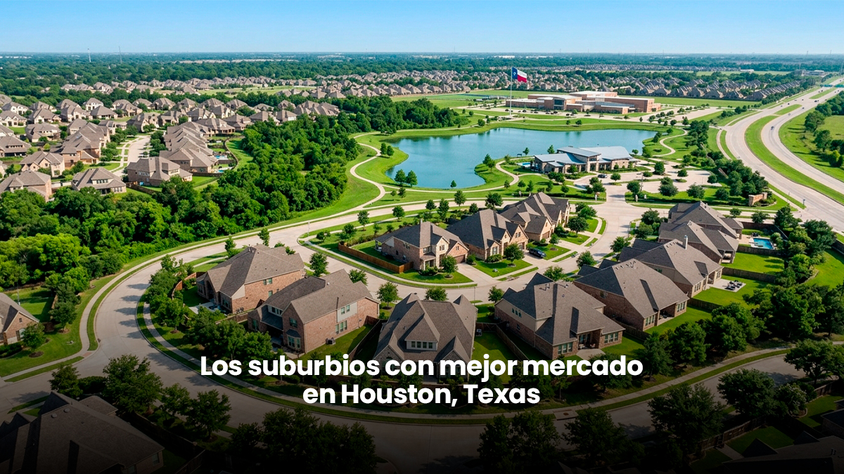 Vista aérea de un vecindario residencial en los suburbios de Houston Texas con casas familiares y áreas verdes.