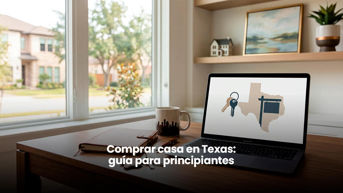 Escritorio de oficina con laptop, llaves de casa y vista a vecindario residencial en Houston Texas para guia de compra de vivienda