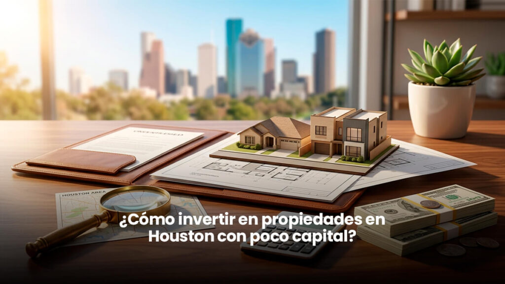 Escritorio de madera con maqueta de casas modernas, fajo de dólares, calculadora, lupa y documentos de bienes raíces, con el skyline de Houston al fondo. Imagen profesional para inversión inmobiliaria.