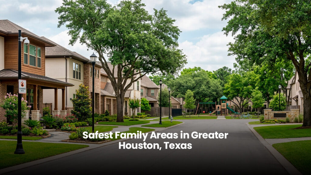 Safe family-friendly suburban neighborhood in Greater Houston Texas featuring luxury homes, manicured lawns, tree-lined streets, and a community park.