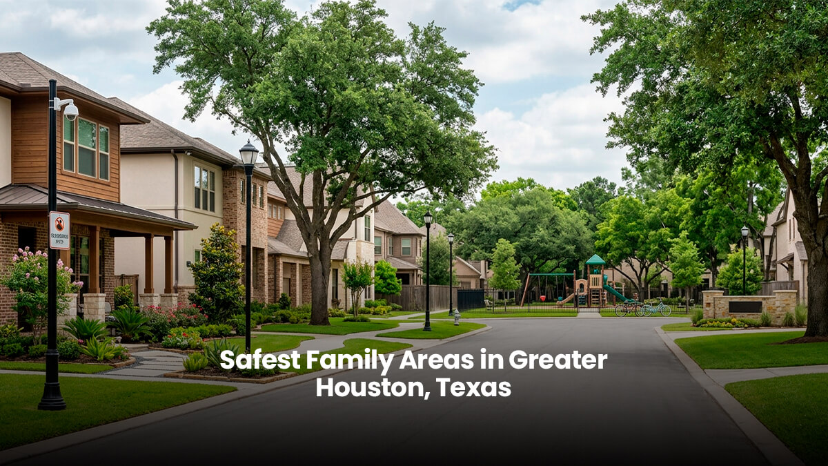 Safe family-friendly suburban neighborhood in Greater Houston Texas featuring luxury homes, manicured lawns, tree-lined streets, and a community park.