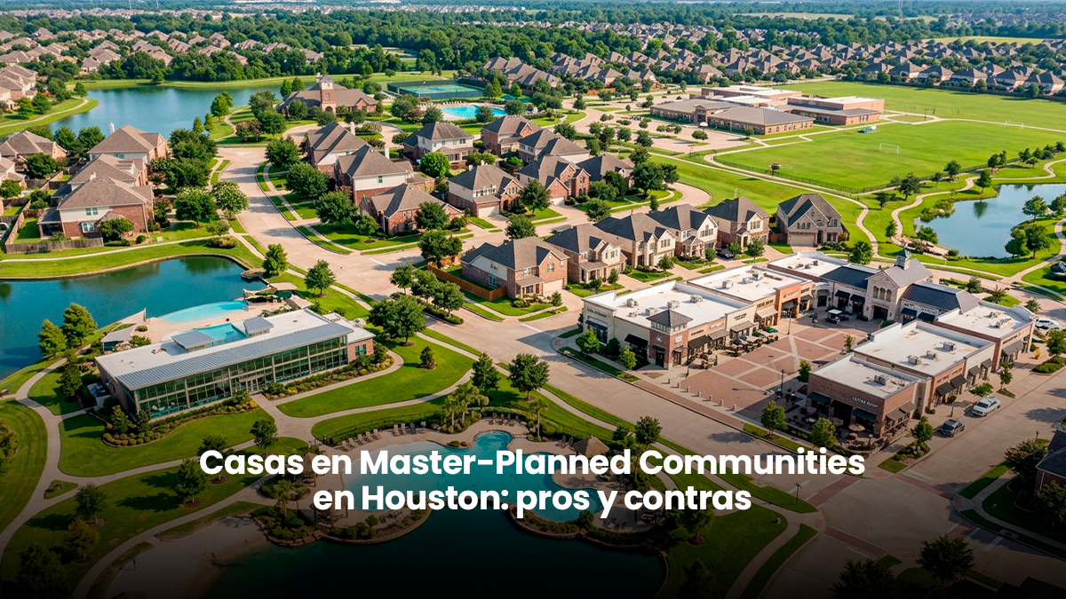 Vista aérea de Master-Planned Community en Houston con casas residenciales, lagos, áreas verdes y amenidades estilo resort.