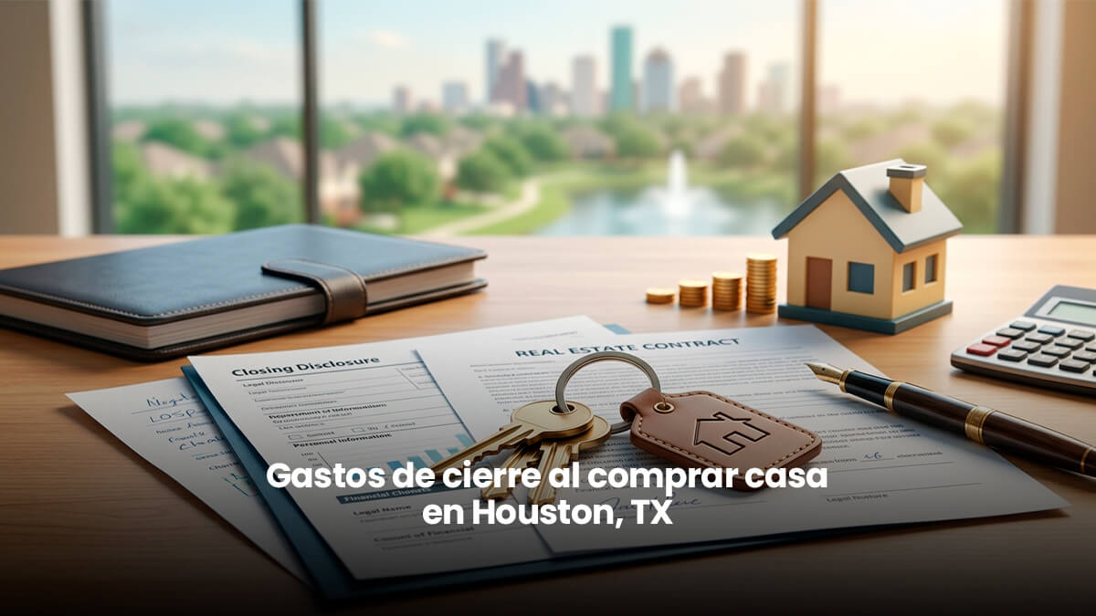 Documentos de cierre hipotecario en Houston con llaves de casa, calculadora y vista al skyline, representando costos de cierre.