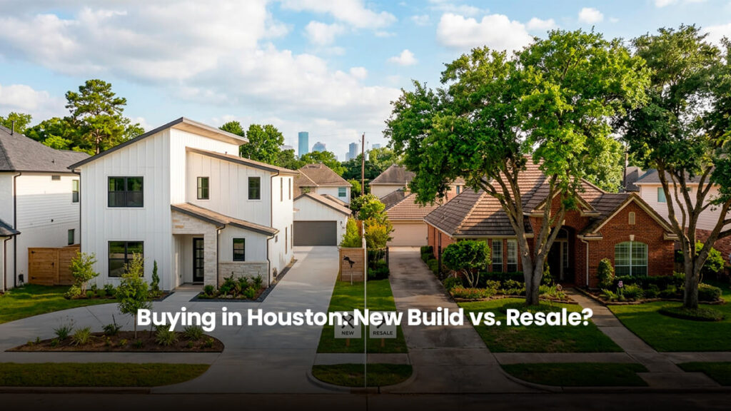 A side-by-side comparison of a modern white new construction home and a classic brick resale home in a Houston Texas neighborhood.