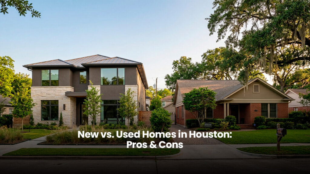 Side-by-side view comparing a newly constructed modern home and a classic established brick home in a Houston neighborhood.