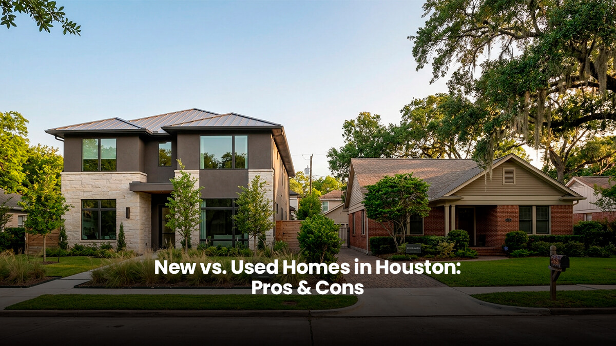 Side-by-side view comparing a newly constructed modern home and a classic established brick home in a Houston neighborhood.