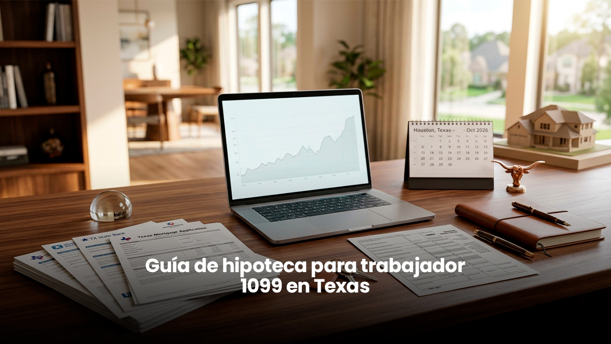 Documentos de hipoteca en Texas y formulario 1099 para calificación de préstamo de vivienda en Houston.