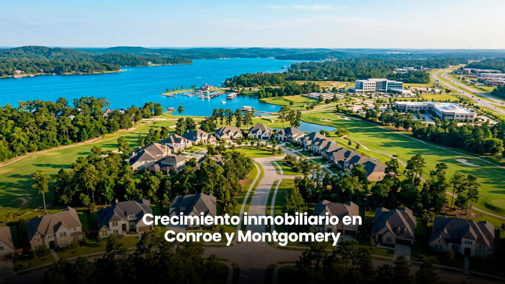 Vista aérea de una comunidad planificada de lujo con casas suburbanas, áreas verdes y campos de golf cerca de Lake Conroe en Montgomery Texas.