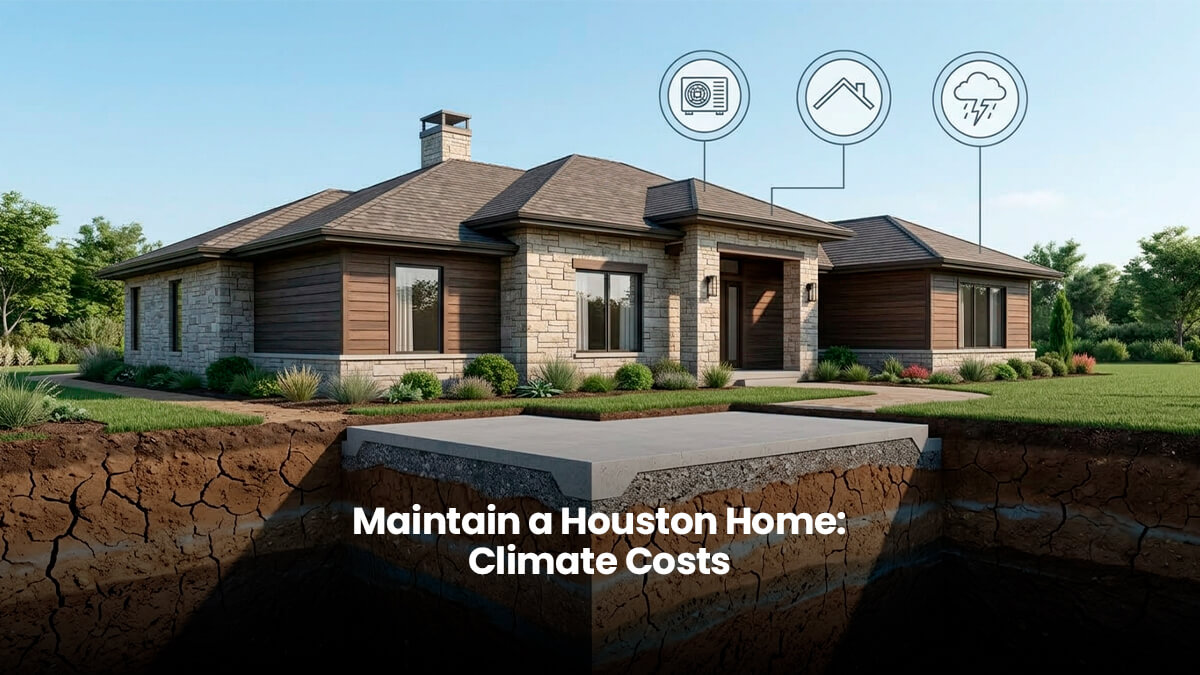 Cross-section diagram of a Houston Texas house foundation on expansive clay soil with HVAC, roofing, and storm icons.