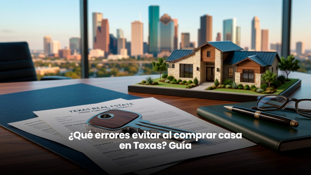 Documentos de contrato inmobiliario en Texas, llave de vivienda y maqueta de casa sobre escritorio profesional con vista al skyline de Houston.