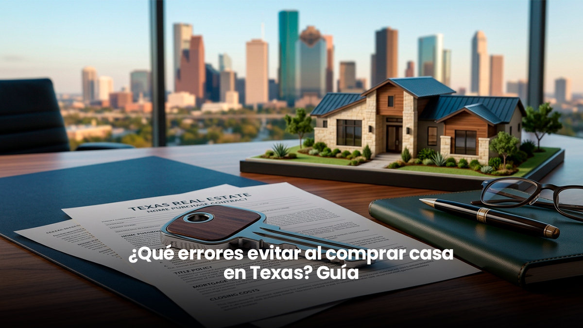 Documentos de contrato inmobiliario en Texas, llave de vivienda y maqueta de casa sobre escritorio profesional con vista al skyline de Houston.