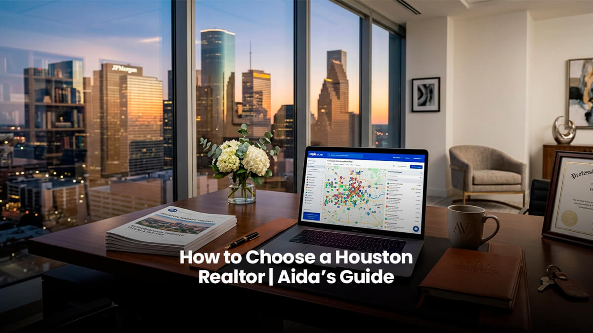 Professional modern desk setup with a laptop displaying a Houston real estate map against the Houston downtown skyline, representing expert local Realtor services.