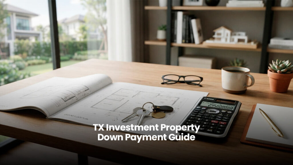 Calculator, house keys, and architectural blueprints on a wooden desk representing investment property down payment planning in Houston Texas.