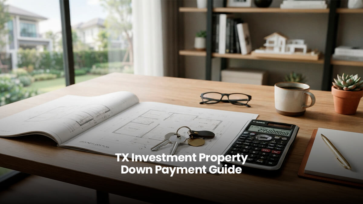 Calculator, house keys, and architectural blueprints on a wooden desk representing investment property down payment planning in Houston Texas.