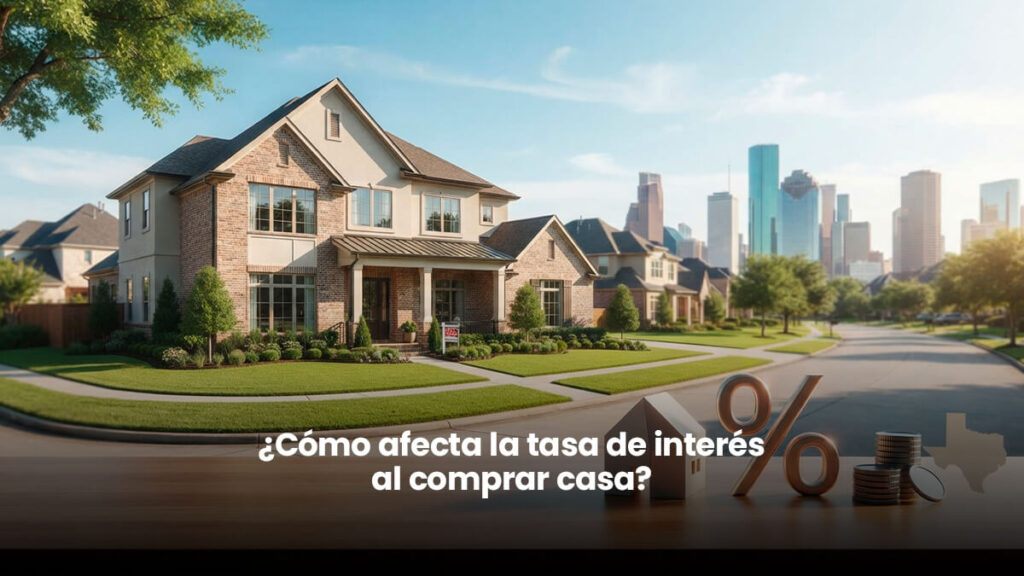 Maqueta de casa y símbolo de porcentaje sobre mesa de madera con un vecindario residencial y el horizonte de Houston, Texas, al fondo.