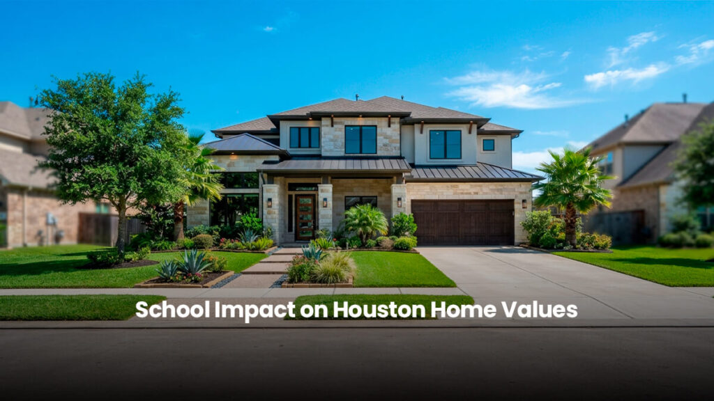 Modern suburban family home in a top-rated Houston school district with professional landscaping, representing property value and real estate investment.