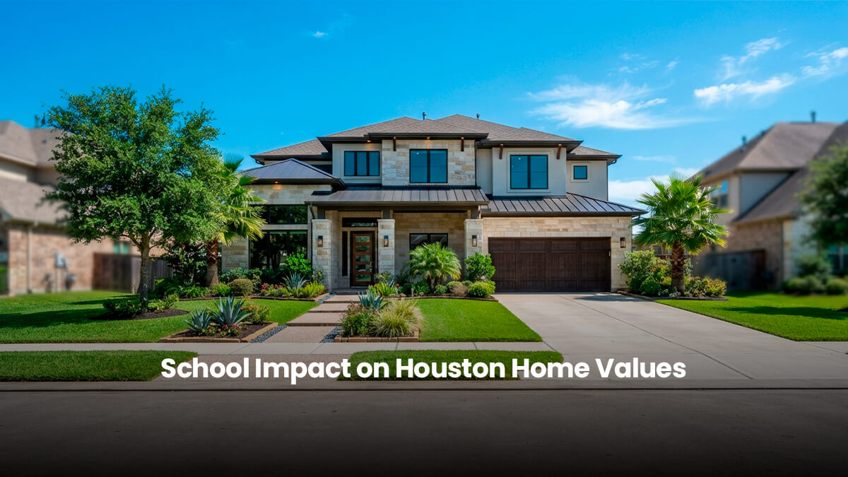 Modern suburban family home in a top-rated Houston school district with professional landscaping, representing property value and real estate investment.
