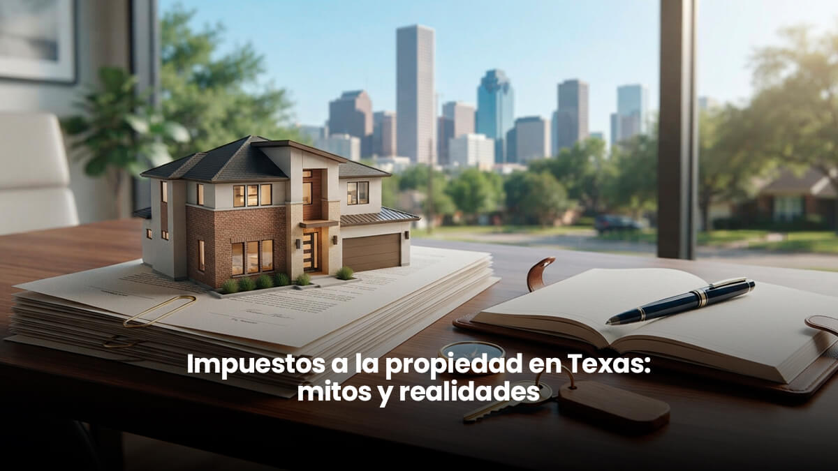 Maqueta de casa moderna sobre documentos de impuestos y llaves con el horizonte de Houston de fondo, representando los property taxes en Texas.